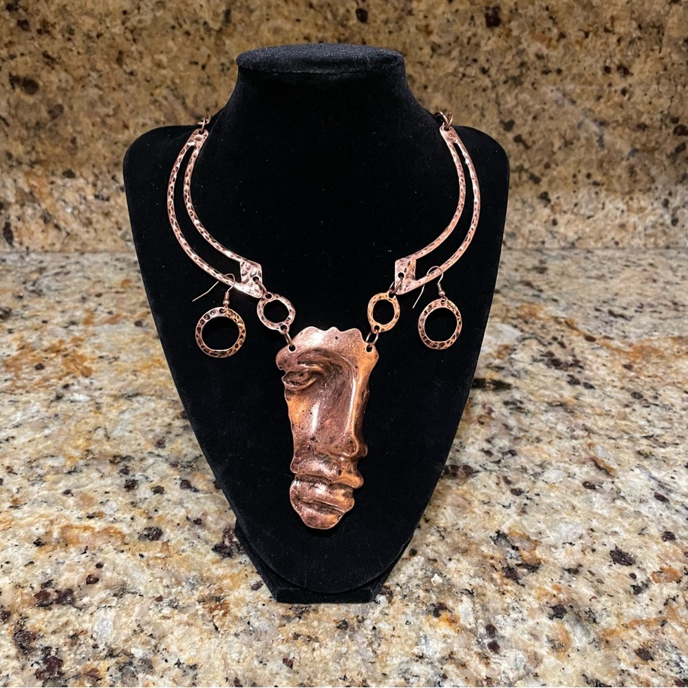 Copper plated unique sculpture necklace with earrings